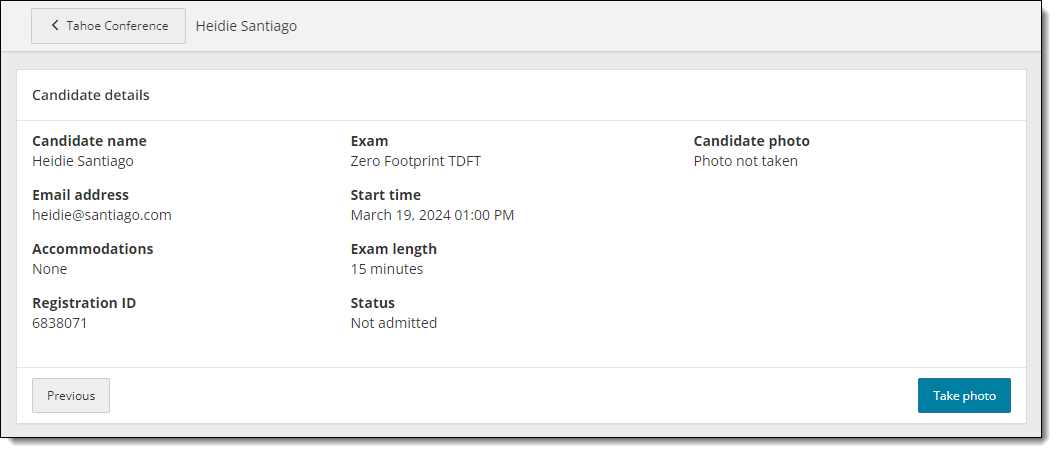 Candidate details for exam that requires photo capture.